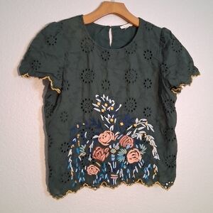 Tea And Rose Green Boho Eyelet Embroidered Cropped Blouse Large